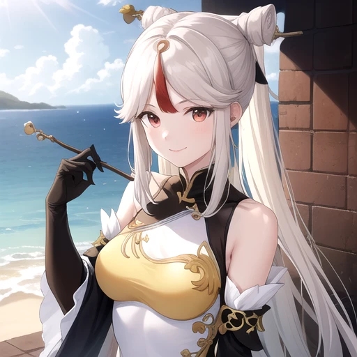 ((masterpiece)),(best quality),official art,extremely detailed CG,unity 8k wallpaper,ultra detailed,A lighthouse on a cliff by the sea,1girl,solo,upper body,(portrait:1.2),looking at viewer,very_long_hair,red_eyes,elbow_gloves,hair_ornament,black_gloves,claw_ring,white_hair,chinese_clothes,smile,high_heels,hair_stick,bangs,china_dress,parted_bangs,fur_collar,tassel,white_dress,hairpin,sidelocks,bare_shoulders,detached_sleeves,pelvic_curtain,large_breasts,bare_legs,<lora:Ningguang(gen)>,