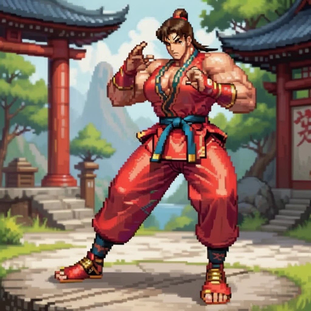 Create an image of a martial artist with a well-proportioned, full figure in a cartoon video game style. The character should have a strong, athletic build, exuding both grace and power. They are dressed in a traditional martial arts uniform that accentuates their physique, with vivid colors and bold lines characteristic of cartoon aesthetics. The pose is dynamic, capturing a moment of action, perhaps a high kick or a powerful stance, with an expression of focus and determination. The background is a stylized dojo or an outdoor setting that complements the character's energy, <lora:pixelgirl2:0.75>