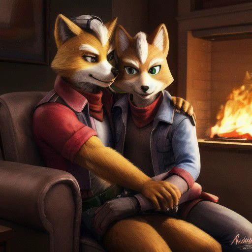 fox mccloud being romantic with wolf o donnel, sitting next to a fire inside