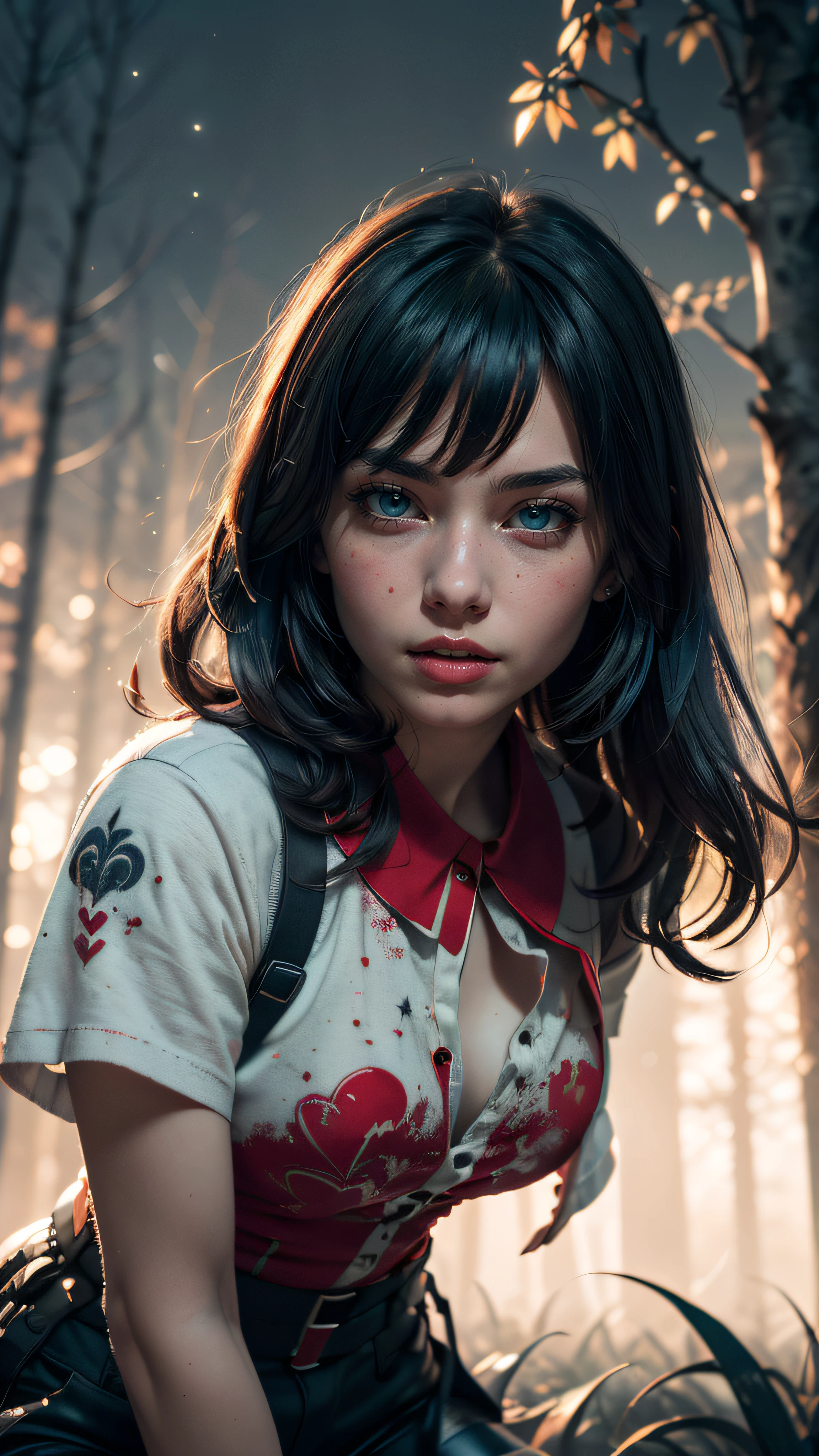 (masterpiece drawning, high quality), (solo:1.1), a digital art of a girl, (red/white/black, heart, love:1.1), mistery forest, Extreme detail, morbid, paper texture, 2D (vibrant color), (sharp), exposure blend, bokeh, (hdr:1.4), high contrast, (cinematic), (muted colors, dim colors, soothing tones:1.3)
