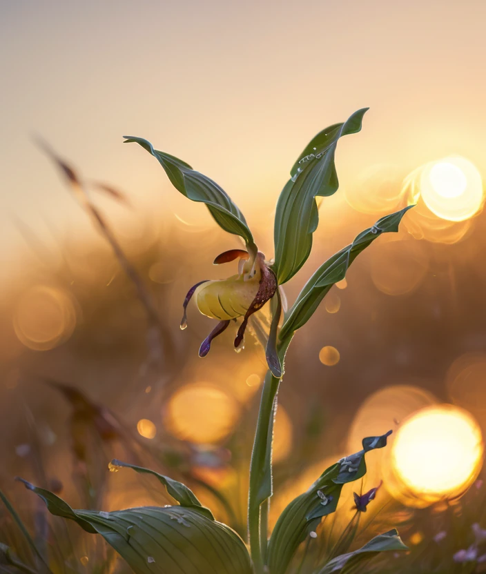 cyp3ca spectacular light, upper body, Ultra-HD-details, Low blur, warm light, dew drops, flower, blurry, no humans, depth of field, close portrait photo, Sunset, Flowering, Sigma 180mm, ultra realistic 8k cg, masterpiece, professional artwork, cinematic lighting,Contained Color, Grass, forest