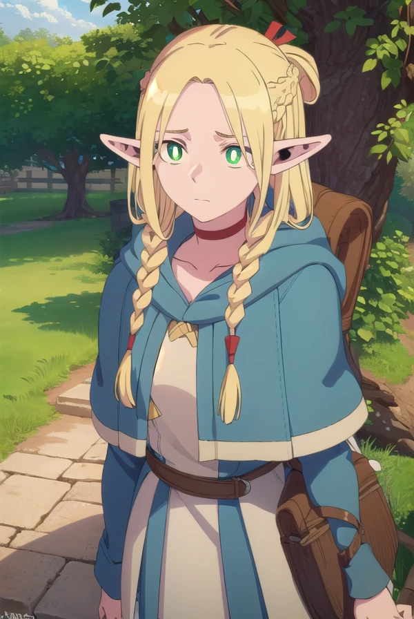 Marcille Donato, sexy elf girl with blonde hair, slender body, small breast size, blue stockings, nude tits, red choker, nude female body