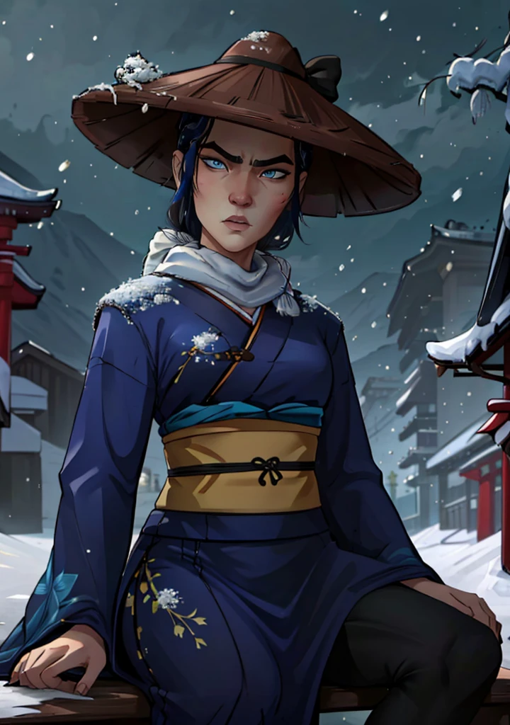 1girl, mizuOC (sitting:1.2), ,very angry, (1girl, blue eyes, black hair, japanese clothes, blue kimono:1.2) looking at viewer, (chinese hat:1.2), from below,
(detailed landscape, japanese temple, night, winter, snow, tree:1.2),(cowboy shot:1.2), (dynamic pose:1.2), (dark atmosphere, wind),
(masterpiece:1.2), (best quality, highest quality), (ultra detailed), (8k, 4k, intricate), (50mm),
<lora:MizuBESamurai_character-08:0.7> <lora:arcane_offset:0.5>