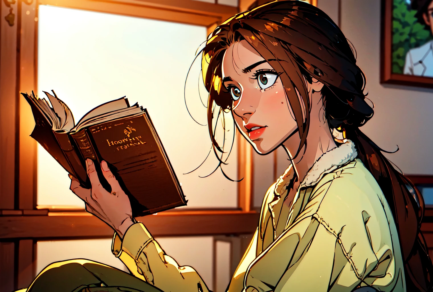 upper body, sitting on a bed, holding a book,<lora:Hayanv2LoRA:1> 1girl, brown hair, brown eyes, long hair, ponytail, green pyjama, beautiful eyes, beautiful girl, high detail skin, high detail eyes, high detail hair, highres, ultra detailed, sharpen picture, Highly detailed, masterpiece, best quality, photorealistic,
