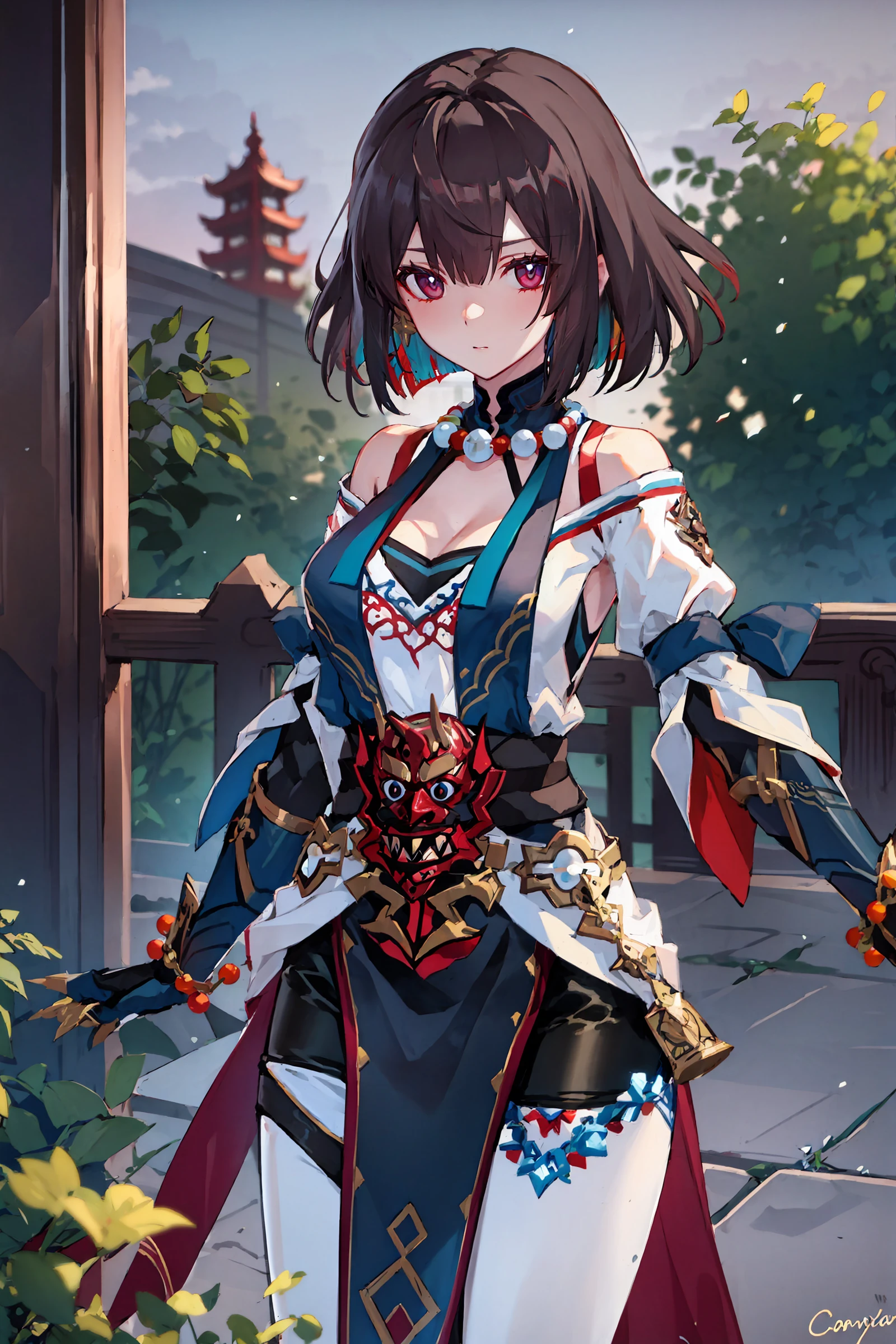 1girl, xueyi \(honkai: star rail\), looking at viewer, tabard, clawed gauntlets, bead necklace, white pantyhose, off-shoulder shirt, pelvic curtain, high belt, shawl, thigh strap, cowboy shot, standing, looking at viewer, expressionless, garden, east asian architecture, outdoors, depth of field, masterpiece