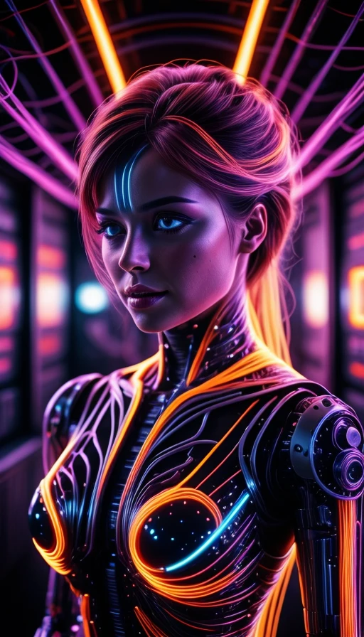 colorful chaos, vivid colors, striking visual design, 1girl, adult woman, gorgeous, hazel eyes, auburn half-up half-down hairstyle, portrait, solo, upper body, looking at viewer, detailed background, detailed face, android, cyborg, mechanical limbs, mechanical eyes, wires, advanced technology, dynamic pose, emotionless, artificial intellgience, steel, digital implants, nanobots, electronics, gadgets, powered by electricity, holograms, particle effects, bright lights, neon colors, cables in background, cinematic atmosphere, (<lora:1970RetroFuturism:0.6>, 1970retrofuturism, 1970s theme:1.1), <lora:add_detail:0.75>, <lora:sharpen-soften:-0.2>, <lora:stylesqueeze_v2:0.25>, <lora:realistic:0.25>, <lora:isobug:0.75> <lora:speedy1p5:1.15>
