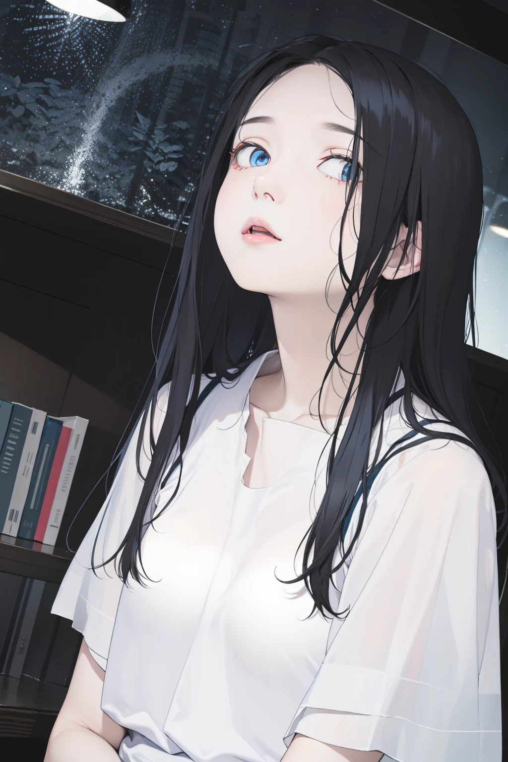 best quality, masterpiece,Black hair, blue eyes, looking up, upper body,<lora:lbc_White_shirt:0.7>,
