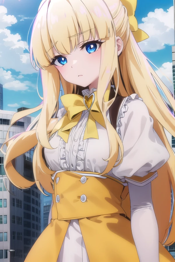 kaorukotenkawa, <lora:kaoruko tenkawa-lora-nochekaiser:1>,
kaoruko tenkawa, long hair, blue eyes, blonde hair, bow, hair bow, yellow bow,
BREAK gloves, dress, heart, elbow gloves, magical girl, yellow gloves,
BREAK outdoors, city, sky, sun, clouds,
BREAK looking at viewer, (cowboy shot:1.5),
BREAK <lyco:GoodHands-beta2:1>, (masterpiece:1.2), best quality, high resolution, unity 8k wallpaper, (illustration:0.8), (beautiful detailed eyes:1.6), extremely detailed face, perfect lighting, extremely detailed CG, (perfect hands, perfect anatomy),