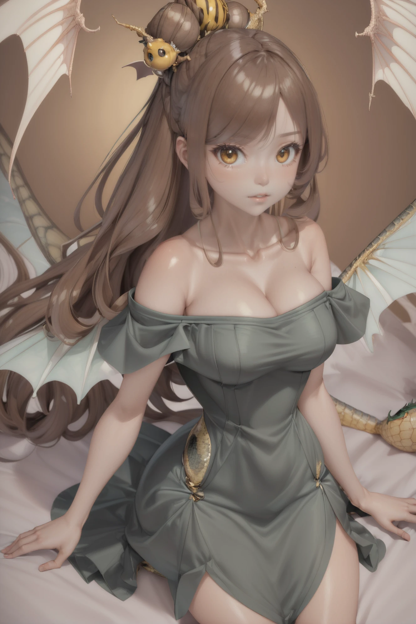 1girl, woman, (melon dragon girl woman:1.3), (blush:1.3), dark goldenrod eyes, pose, lying on bed,wings,top-down bottom-up, ((off shoulder dress:1.3):1.2) [:casual costume design:0.2], bombshell hair, brown hair, Beehive, thick thighs, narrow waist, (asian:1.3)<lora:EnvyThrowbackXL01:1>