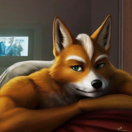 fox mccloud, looking bored, watching tv, laying in bed