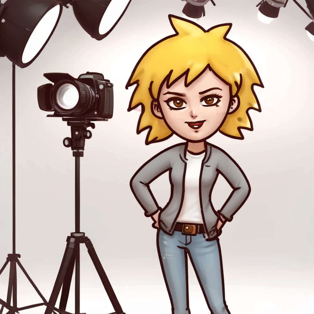 ,Cartoon style, a female character striking a cool pose in a photo studio. The character is confidently smiling, with stylish hair and trendy clothing. The studio background includes professional lighting equipment and a camera on a tripod, with a white backdrop. Emphasize bright colors and exaggerated, lively expressions typical of cartoons,yellow hair,rage,<lora:oniman:0.85>