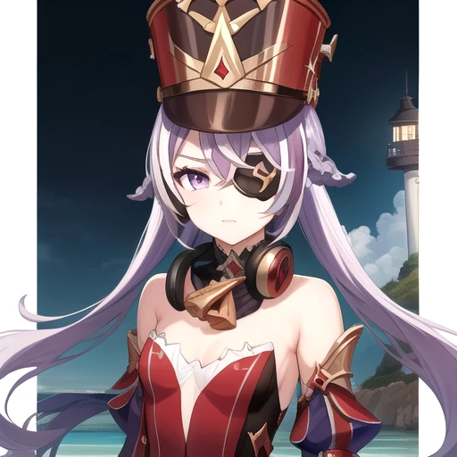 ((masterpiece)),(best quality),official art,extremely detailed CG,unity 8k wallpaper,ultra detailed,A lighthouse on a cliff by the sea,1girl,solo,upper body,(portrait:1.2),looking at viewer,chevreuse (genshin impact),angry,glaring,bare shoulders,black pantyhose,earmuffs around neck,eyepatch,gold trim,hat,long hair,medium breasts,multicolored hair,pointy hair,puffy detached sleeves,purple eyes,purple hair,red dress,shako cap,streaked hair,thigh boots,thighhighs,two-tone hair,white gloves,white hair,<lora:Chevreuse(gen)>,