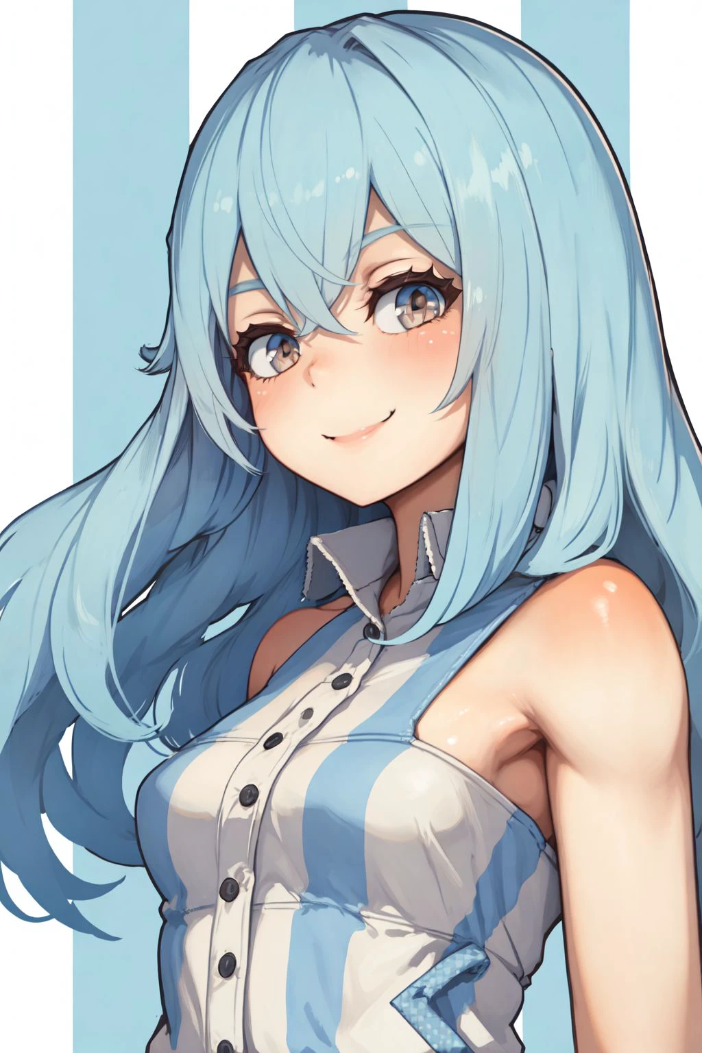 solo, 1girl, smile, light blue hair, light brown eyes, upper body, checkered background <lora:Lansane_style_v01.08:1>