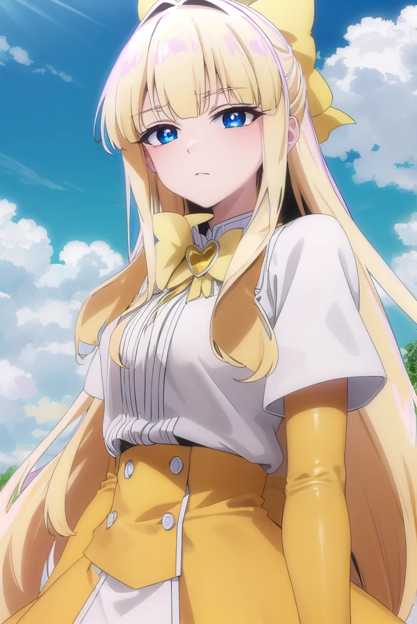 kaorukotenkawa, <lora:kaoruko tenkawa-lora-nochekaiser:1>,
kaoruko tenkawa, long hair, blue eyes, blonde hair, bow, hair bow, yellow bow,
BREAK gloves, dress, heart, elbow gloves, magical girl, yellow gloves,
BREAK outdoors, city, sky, sun, clouds,
BREAK looking at viewer, (cowboy shot:1.5),
BREAK <lyco:GoodHands-beta2:1>, (masterpiece:1.2), best quality, high resolution, unity 8k wallpaper, (illustration:0.8), (beautiful detailed eyes:1.6), extremely detailed face, perfect lighting, extremely detailed CG, (perfect hands, perfect anatomy),