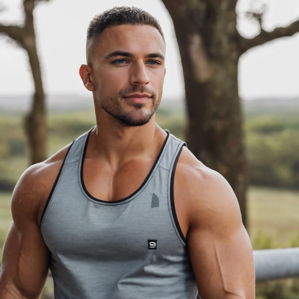 <lora:mike_thurston:0.8> mike thurston BREAK (wearing tank top:1.5) BREAK full body, smirk BREAK ziprealism