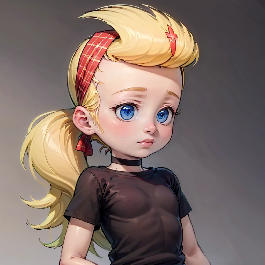 1girl, solo, child, blue eyes, blonde hair, black choker, low ponytail, hairband, black shirt, sissy Blakely, (plaid, plaid skirt), short sleeves, <lora:Sissy_Blakely_Leaf2:0.8>