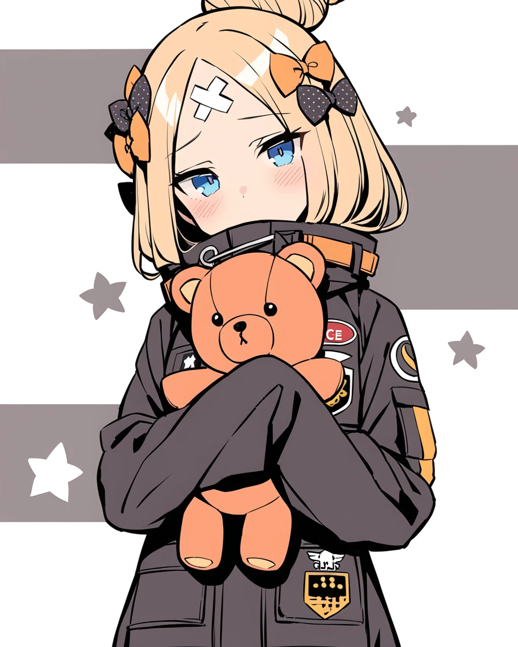 masterpiece, best qualityï¼
<lora:AB:1>ï¼1girl, abigail williams (fate), solo, abigail williams (traveling outfit) (fate), hair bun, single hair bun, blonde hair, orange bow, blue eyes, stuffed toy, teddy bear, stuffed animal, black bow, bow, official alternate costume, parted bangs, sleeves past wrists, bangs, sleeves past fingers, black jacket, object hug, polka dot bow, hair bow, jacket, polka dot, looking at viewer, long sleeves, blush, long hair, grey background, white background, holding, covered mouth, holding stuffed toy, head tilt, key, star (symbol), standing, crossed bandaids, forehead, two-tone background, character name, can, cowboy shot