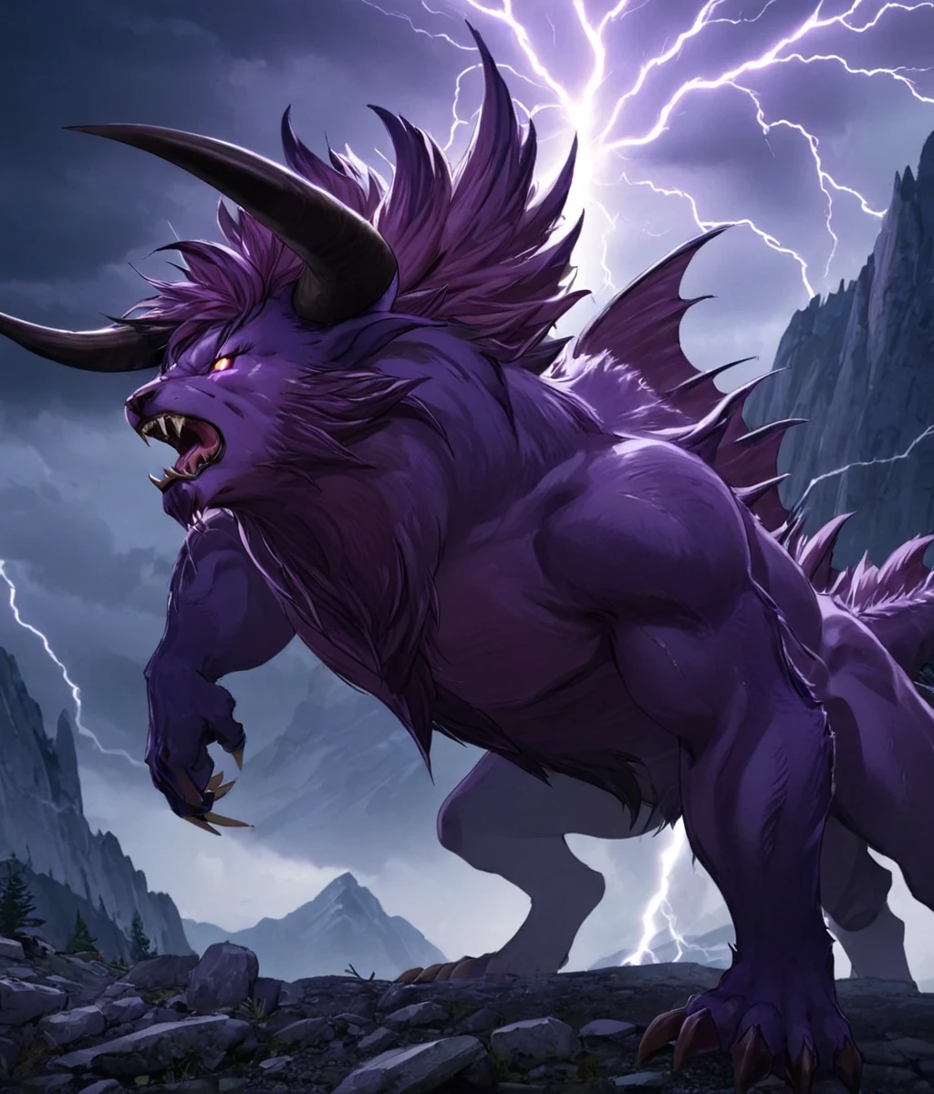 <lora:Final_Fantasys_Behemoth_XL:0.9> behemoth a beast with long horns, at rocky mountains with lightning, (masterpiece), best quality, highres, 4k, 8k, cinematic lighting, amazing quality, amazing shading, soft lighting, Illustration, official artwork, anime style, wallpaper, official art