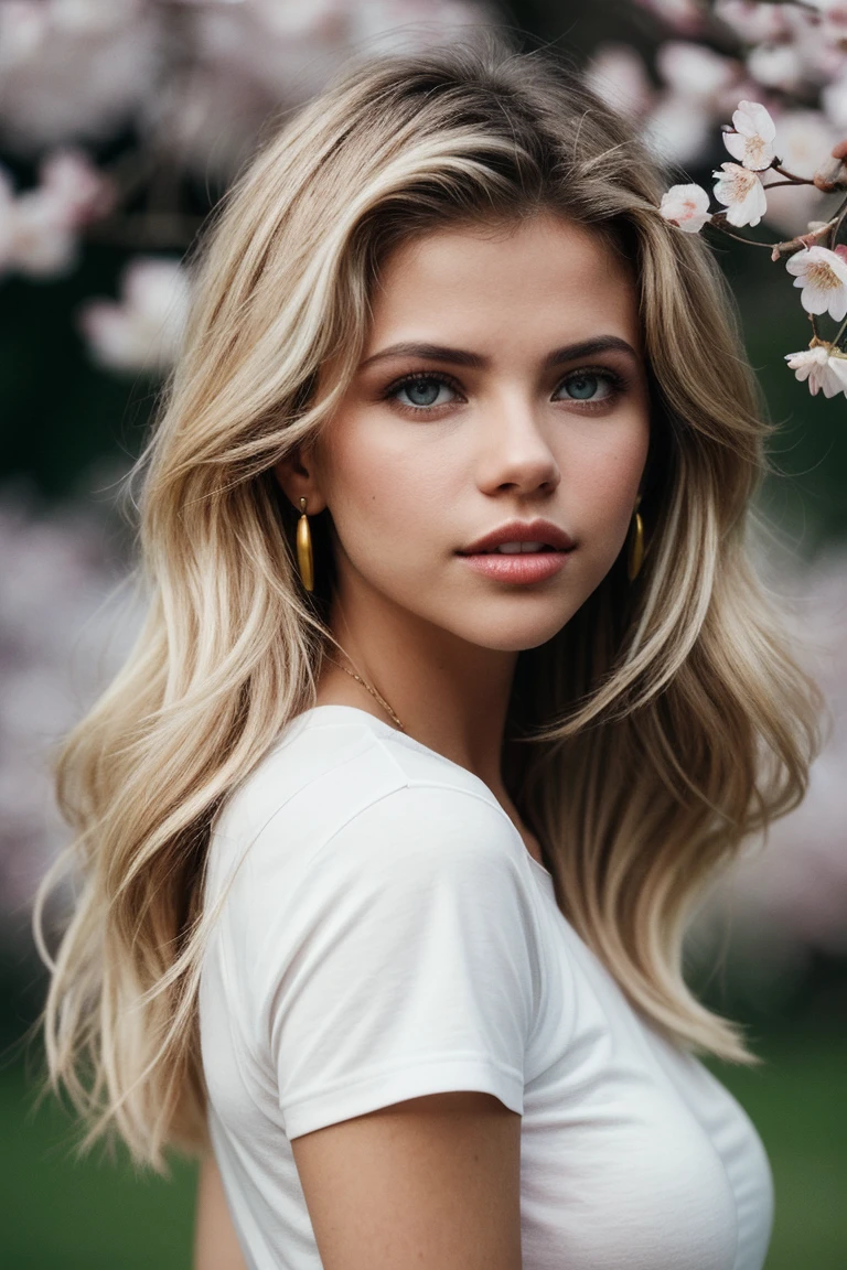 photo of (natal33:0.99), a beautiful woman, perfect blonde hair blowing in the wind, (modern photo, Chartreuse tight graphic tee), 24mm, (analog, cinematic, film grain:1.3), ((plain Cherry Blossom Pink background:1.2)), detailed eyes, (seductive pose), (epicPhoto), (looking at viewer), earrings, (cinematic shot:1.3), PA7_Portrait-MCU