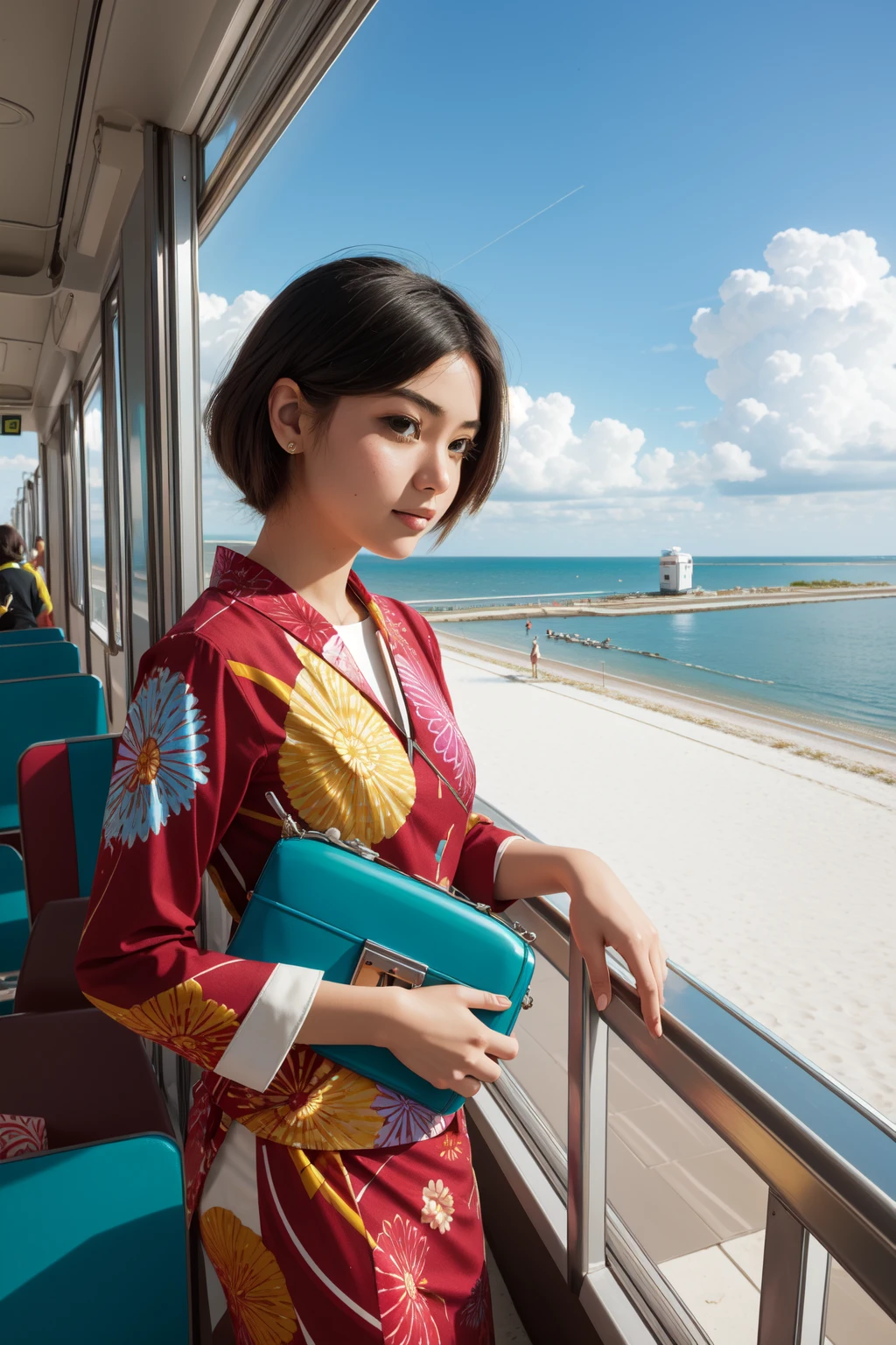 1girl, (stylized by Arthur Tress:1.0) and (Lucio Fontana:1.2) and (Kunio Okawara:1.2) , surrealism art, grand, elegant, (Azure theme:0.7) , Long exposure of a Drab Exotic White and Forest Green New Wave ([Purse|Train]:1.3) , it is made from Nickel, it is in a Videogame setting, spring background, desolate beach and Heliosheath in background, at Dusk, tilt shift, Graphic novel, Awe, Magewave, Indirect light, F/1.8, Colorful, Maroon splash, Batik, Concept Art World, beautiful