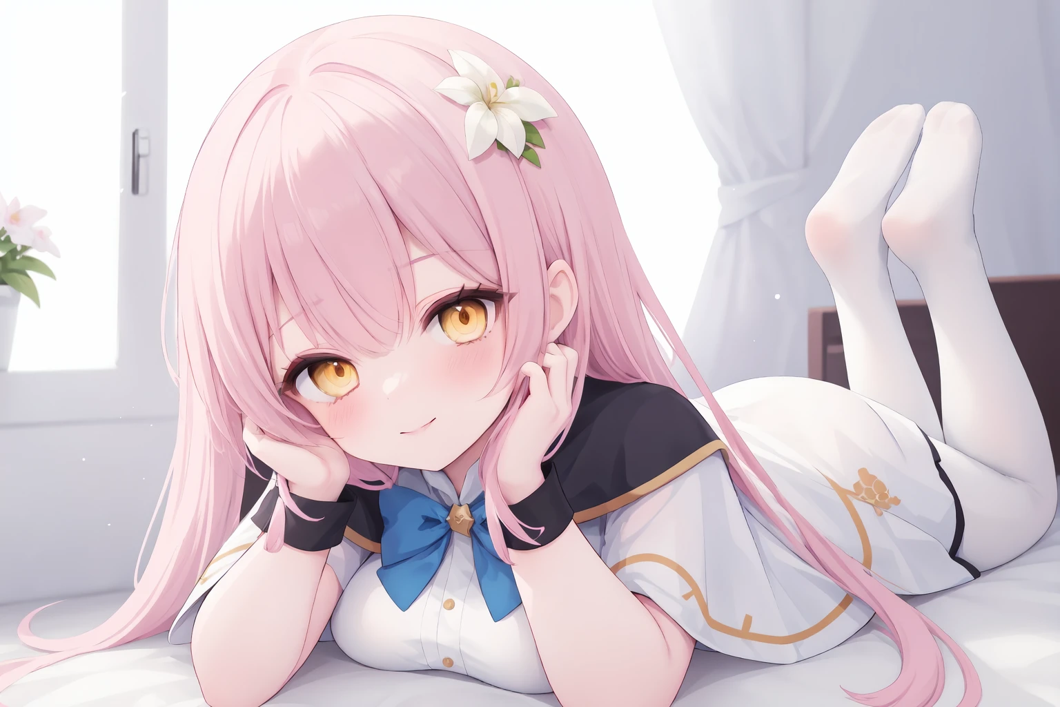 1girl,solo,pink hair,yellow eyes,bow,long hair,lying,mika \(blue archive\),looking at viewer,blush,breasts,v,blue bow,on stomach,hair ornament,scrunchie,dress,bangs,smile,wrist scrunchie,large breasts,white dress,bowtie,hair flower,flower,closed mouth,hand on own face,blue bowtie,hand on own cheek,white pantyhose,capelet,no shoes,indoors,head rest,pantyhose,window,foreshortening,tot-style,ringed eyes,ringed pupil,
