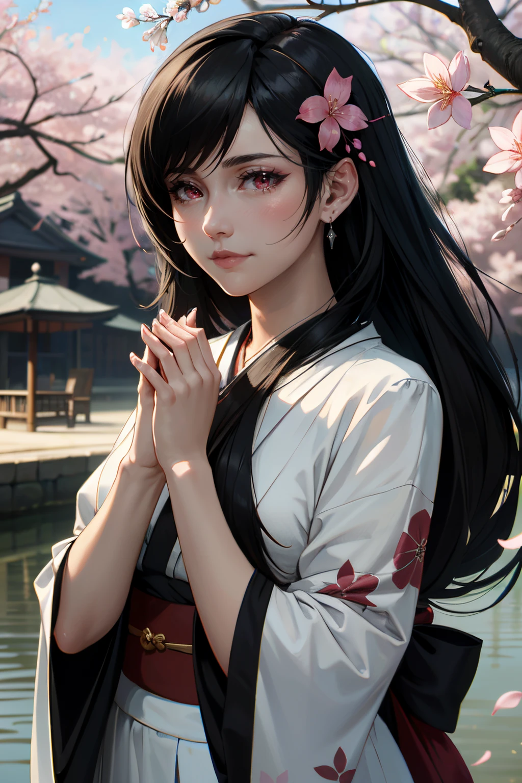 ((ultra detailed, masterpiece, absurdres))
<lora:FF7Tifa:0.9>
FF7Tifa, 1girl,solo,long hair,looking at viewer,bangs,black hair,hair ornament,red eyes,jewelry,upper body,flower,earrings,outdoors,japanese clothes,day,hair flower,kimono,petals,own hands together,cherry blossoms,wind,asymmetrical bangs