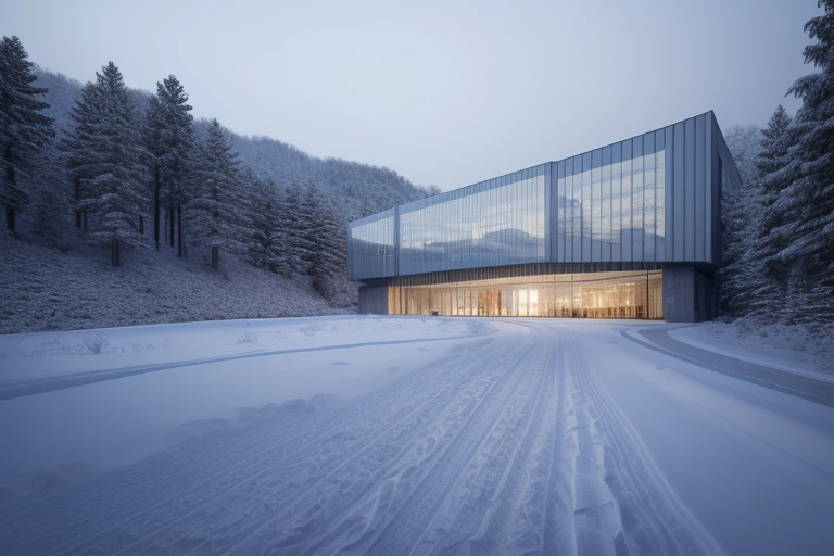 aichang,snow scenery,modern architecture,glass,aluminium plate,snowing,warm light,in winter,best quality,masterpiece,high quality,real,realistic,super detailed,full detail,8K,<lora:aichangéªæ¯å»ºç­:0.8>,falling snow,city,there are no people or vehicles,