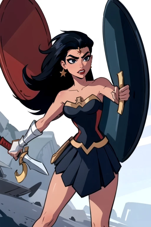 masterpiece,best quality,extreme detail,8k,<lora:wonder2:0.6> wonderaction, 1girl, solo, long hair, breasts, skirt, black hair, holding, bare shoulders, jewelry, weapon, earrings, teeth, sword, star (symbol), holding weapon, armor, black eyes, holding sword, shield, red lips, star earrings, holding shield
