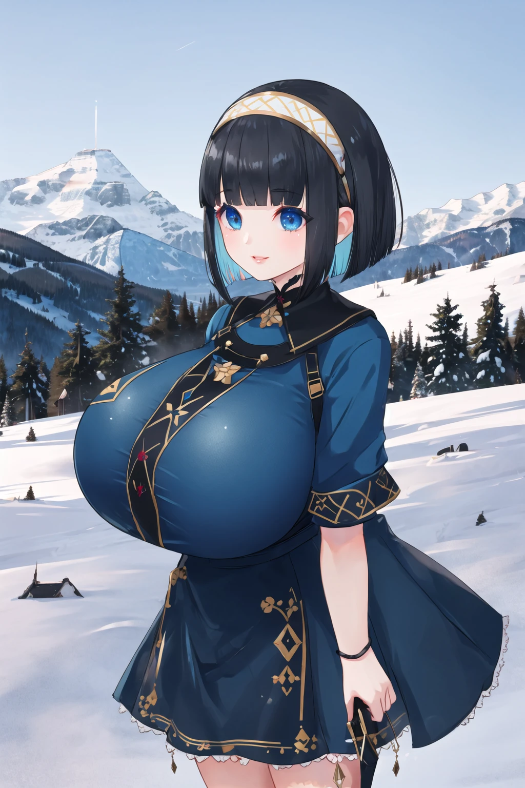 <lora:3ly3-10:0.6>, 1girl, bob cut, outdoors, blue eyes, mountain, smile, lips, hairband, gigantic breasts, black hair, blunt bangs, dress