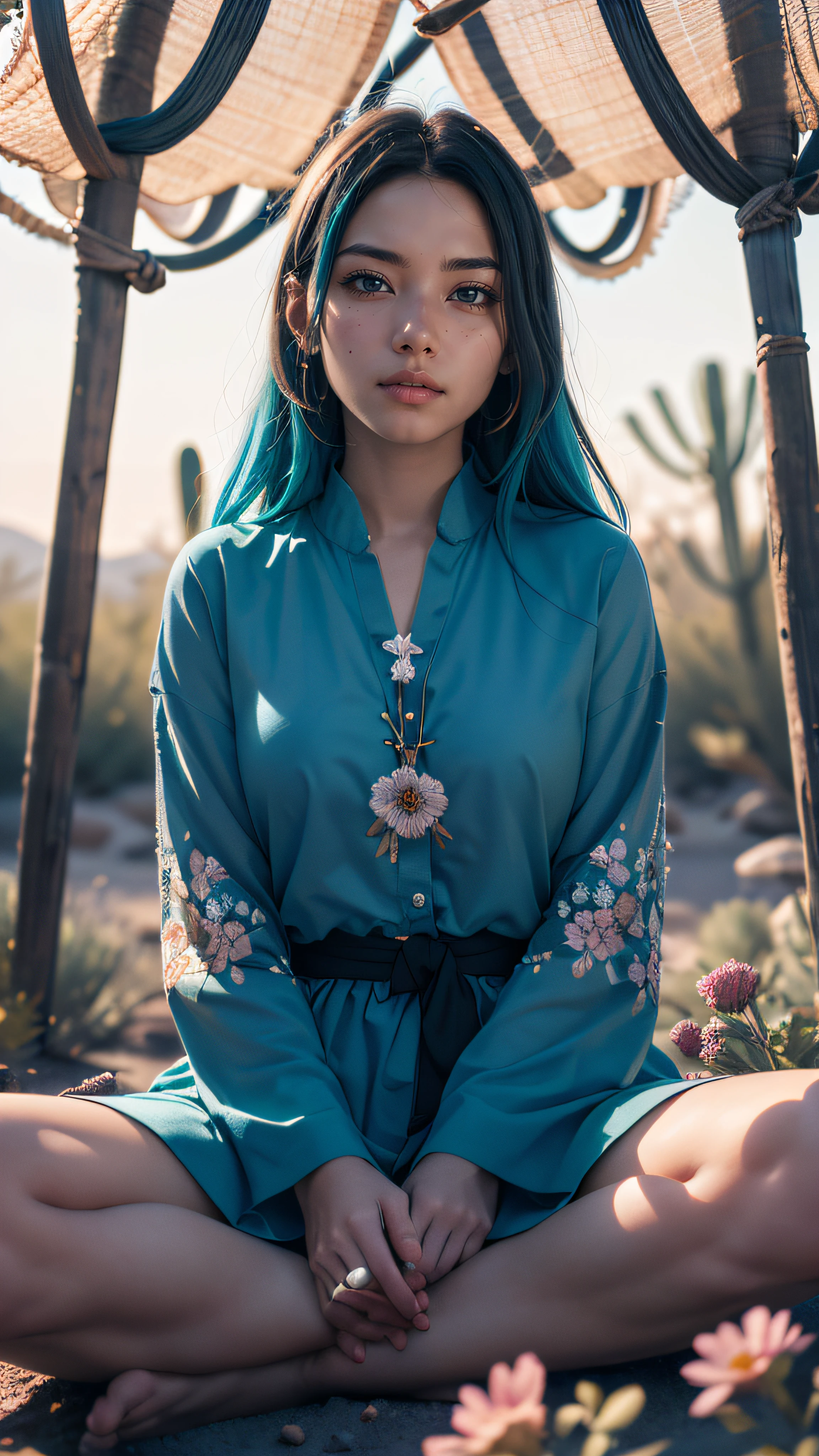 serene photo, 1 young cute girl, in deep meditation, sitting cross-legged, (desert oasis:1.1), surrounded by blooming desert flowers, harmonizing with the Nature, spiritual retreat, transcendent tranquility, desert enlightenment, Absurdres, ultra detailed illustration, extremely detailed face, RAW photo, film grain, (sharp), exposure blend, bokeh, (hdr:1.4), high contrast, (cinematic), (muted colors, dim colors, soothing tones:1.3), low saturation