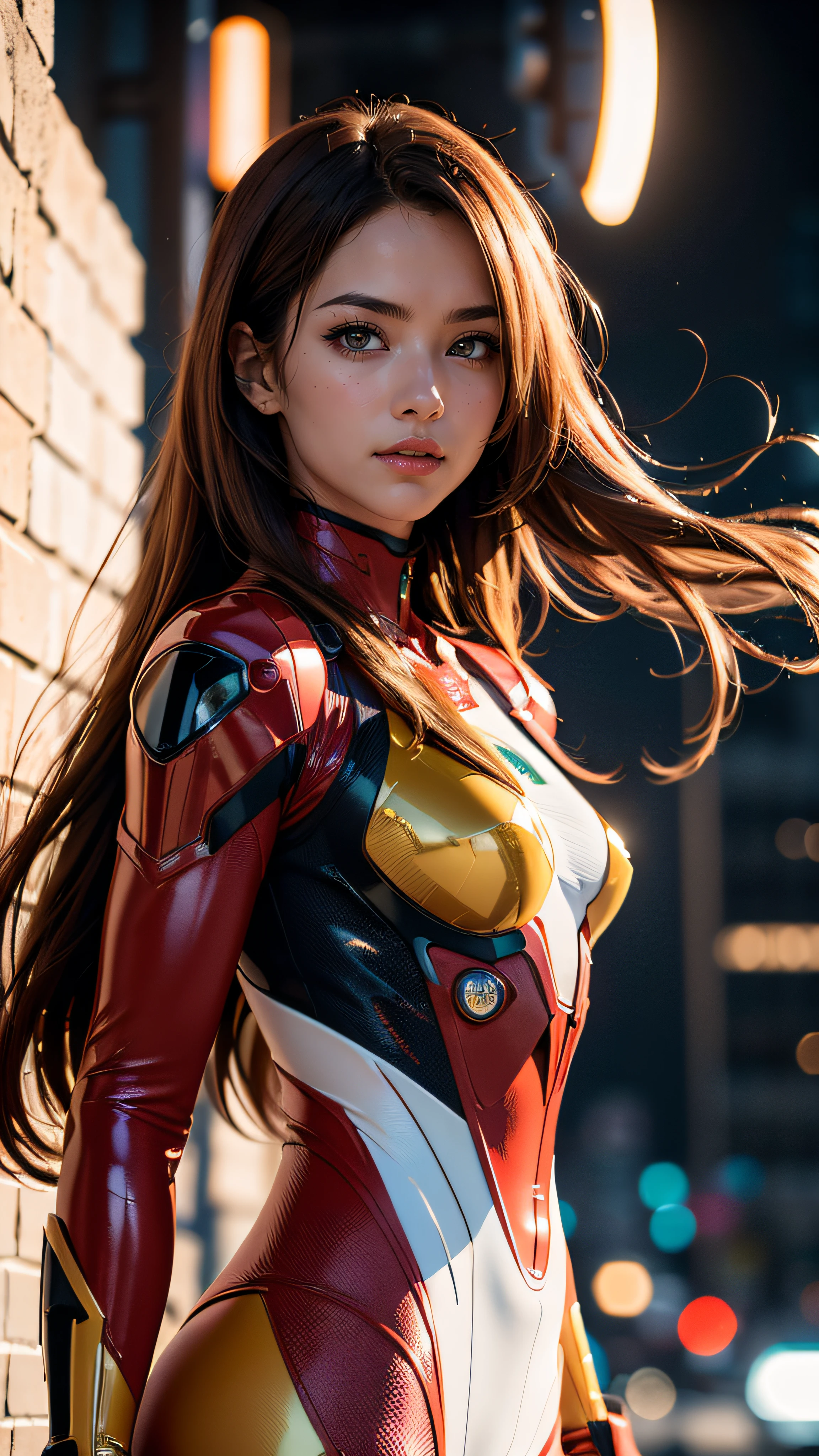 (masterpiece, best quality, highres:1.2), (photorealistic:1.2), (intricate and beautiful:1.2), (detailed light:1.2), (colorful, dynamic angle), upper body shot, fashion photography of cute, intense long hair, (Asuka Langley), dressing high detailed Evangelion red suit, dynamic pose, bokeh, soft light passing through hair, (abstract background:1.3), (sharp), exposure blend, bokeh, (hdr:1.4), high contrast, (cinematic), (muted colors, dim colors, soothing tones:1.3)