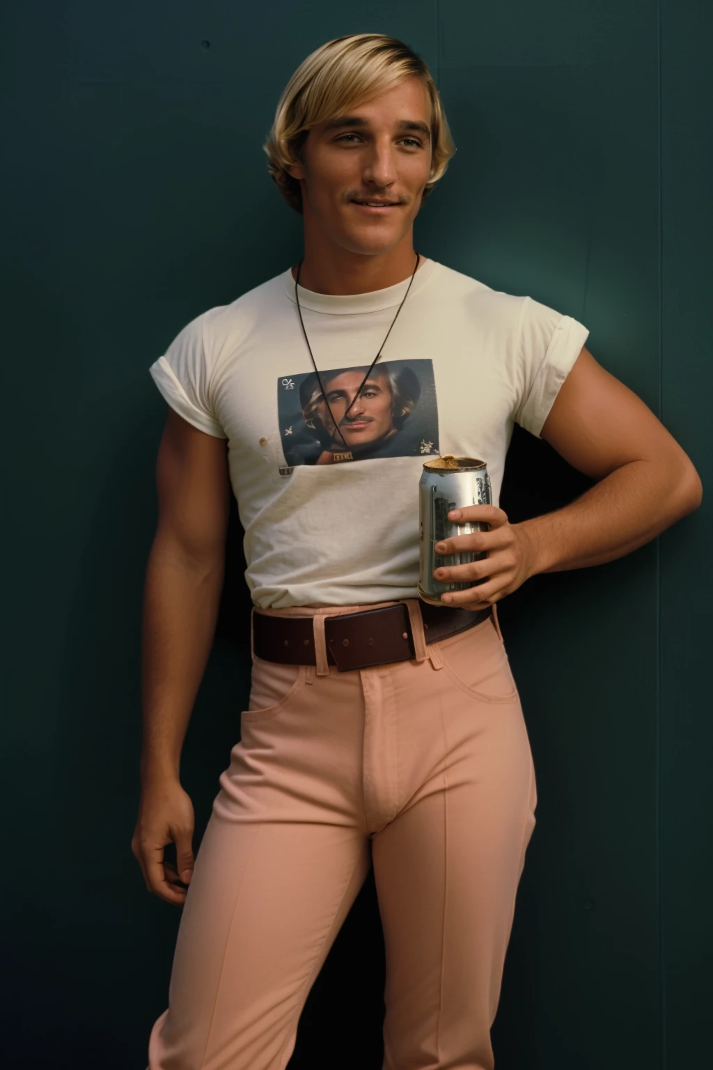 alrightx3, cinematic still of a man leaning against a blue wall wearing peach pants, and a white shirt, (at night:1.5), holding a (beer can), (smiling:0.3), belt, tucked in shirt, (dark:1.3), film grain, blonde hair, manly, cinematic lighting <lora:alrightx3:1.3>