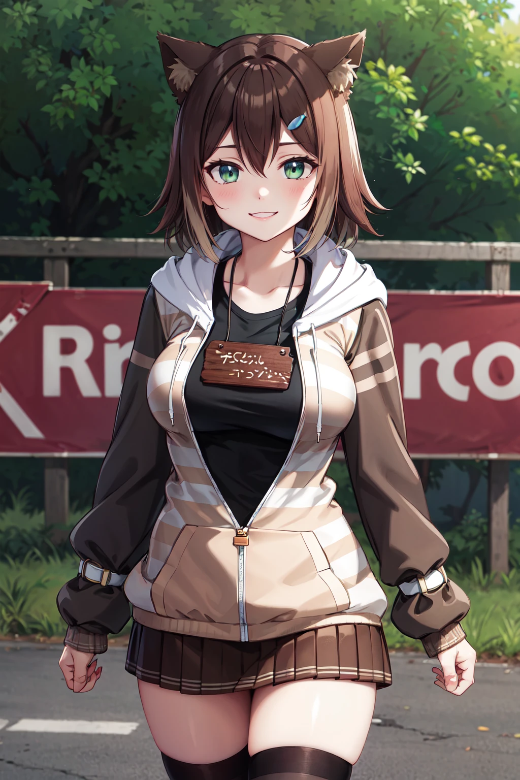 masterpiece,best quality,highres,ultra-detailed,aatamaki,cat ears,short hair,hair between eyes,bangs,hairclip,large breasts,hoodie,hooded jacket,brown jacket,open clothes,sign,shirt,black shirt,long sleeves,skirt,brown skirt,striped tail,thighhighs,black thighhighs,sneakers,red footwear,<lora:fumino_tamaki:0.8>,outdoors,standing,:smile,cowboy shot,