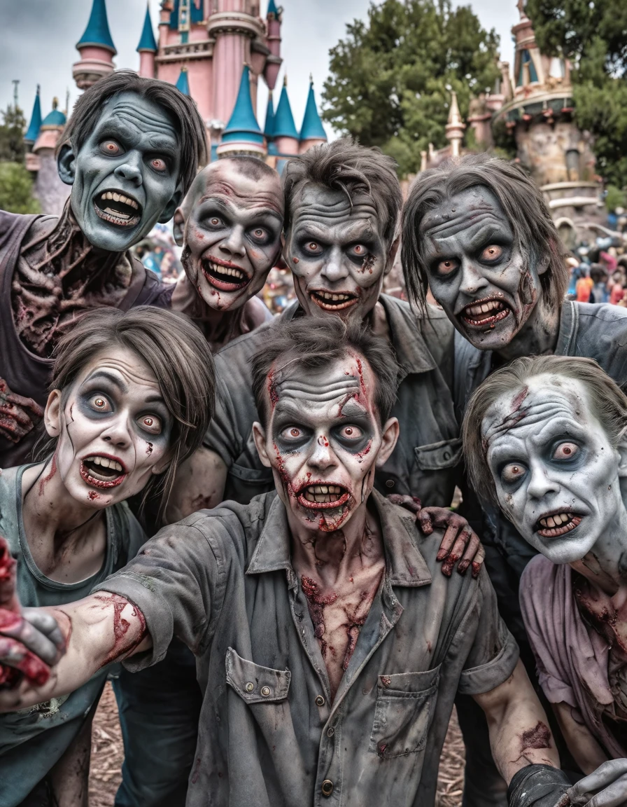 HDR photo of small group of zombies posing, selfie, Disney Land background, close-up, detailed skin, decaying body, dull eyes, desaturated skin, looking at camera, . High dynamic range, vivid, rich details, clear shadows and highlights, realistic, intense, enhanced contrast, highly detailed
