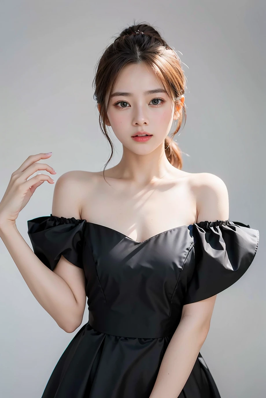 (masterpiece), best quality, perfect face, 1girl, black formal dress, white background, <lora:khunpreaw2-04:1>,