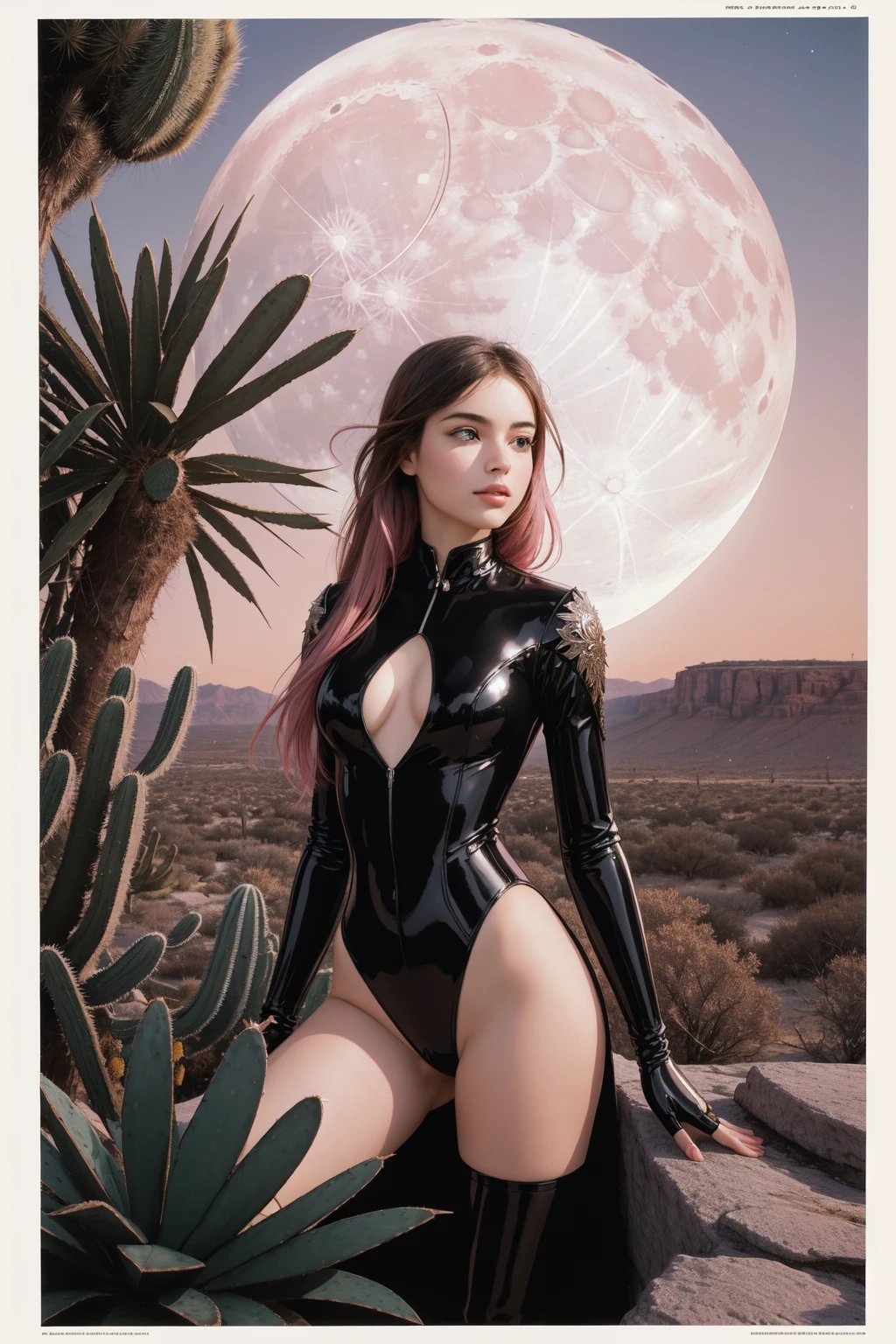 1girl, (high contrast art designed by Heinrich Kley:0.7) and (Dean Ellis:1.1) , detailed, best quality, Landscape of a Maximalist Calming ([Caterpillar:Moon:1]:1.3) with Pink details, majestic, flora and Cactus background, desolate foliage and city, at Twilight, in focus, Contemporary, Awe, Orientalism Art, split lighting, F/8, Saturated, behance HD, Swirling Acrylic, Best quality, High quality
