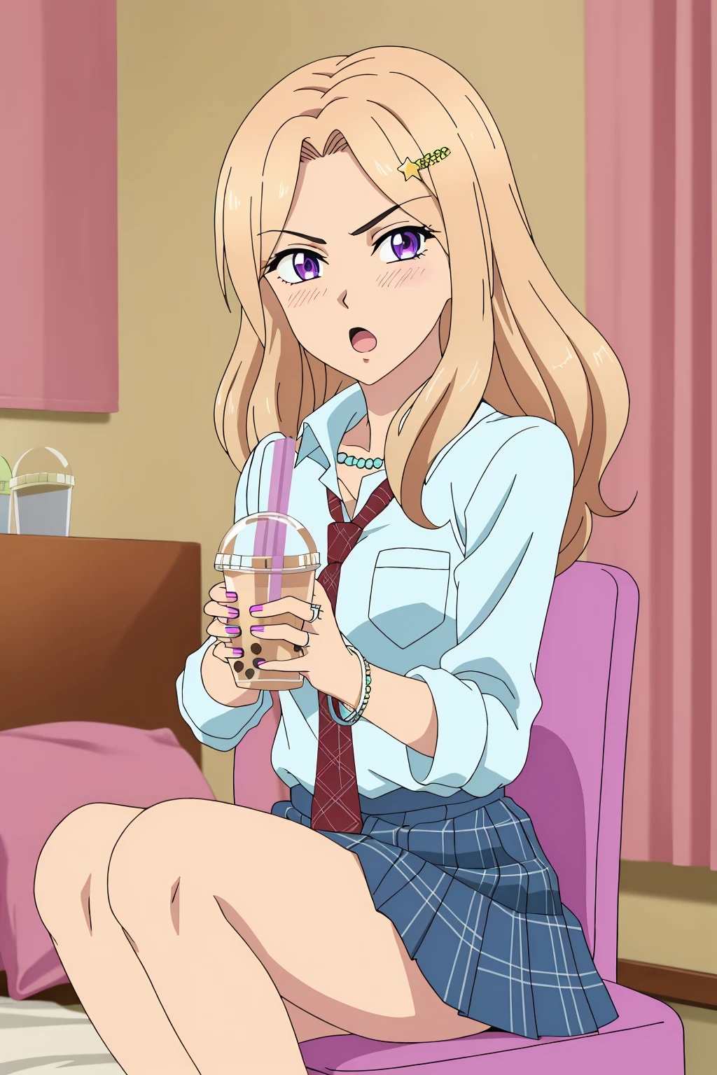 ((best quality)),((highly detailed)),masterpiece,absurdres,detailed face,beautiful face,(detailed eyes, deep eyes),(1girl),((dynamic pose)), <lora:HaruV1:0.7>Haru, skirt, blonde hair, purple eyes, necktie, solo, jewelry, long hair, shirt, gyaru, sitting, hair ornament, cup, red necktie, ring, blush, school uniform, bubble tea, indoors, pleated skirt, bracelet, holding, holding cup, nail polish, open mouth, curtains, plaid, necklace, plaid skirt, hairclip, kogal, drinking straw, collared shirt, beads, bead bracelet, looking at viewer, long sleeves, blue shirt, loose necktie, miniskirt, star hair ornament, white shirt, :o, purple nails, breasts, pink nails, v-shaped eyebrows, disposable cup, dress shirt, blue skirt, chair, knees up, parted bangs, thighs, bangs, bed, drink, star (symbol)