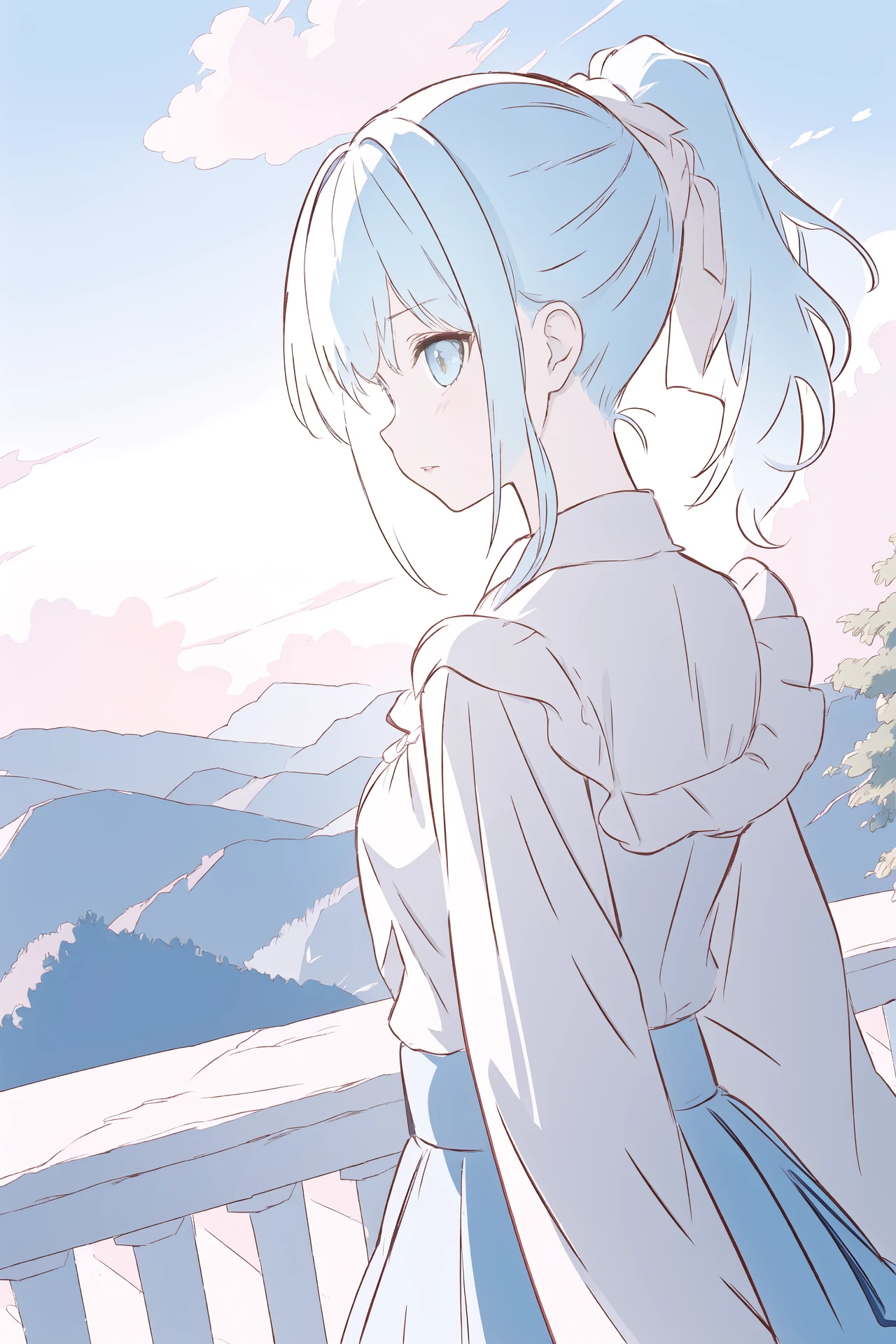 (best quality, masterpiece, highres),1girl,blue hair,ponytail,blouse,layered_sleeves,landscape,cinematic_angle,
<lora:BX_color sketch_v1.04cy:1>,
