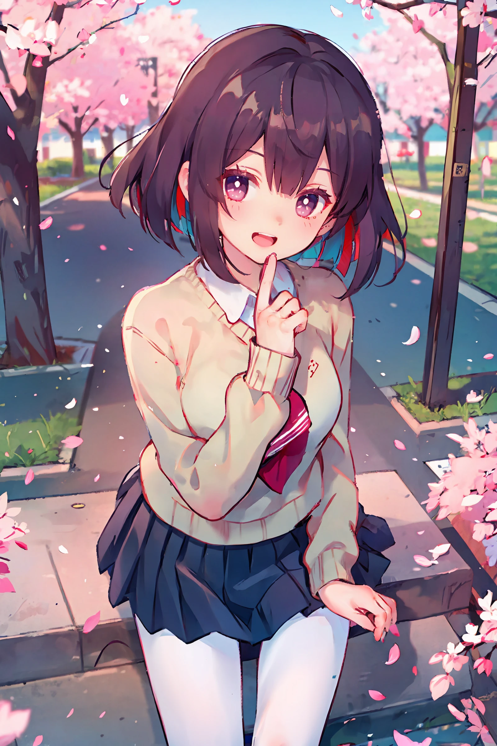 1girl, xueyi \(honkai: star rail\), solo, school uniform, white shirt, sweater, pleated skirt, pantyhose, light smile, double v, looking at viewer, smile, open mouth, outdoors, street, cherry blossoms, petals, depth of field, masterpiece
