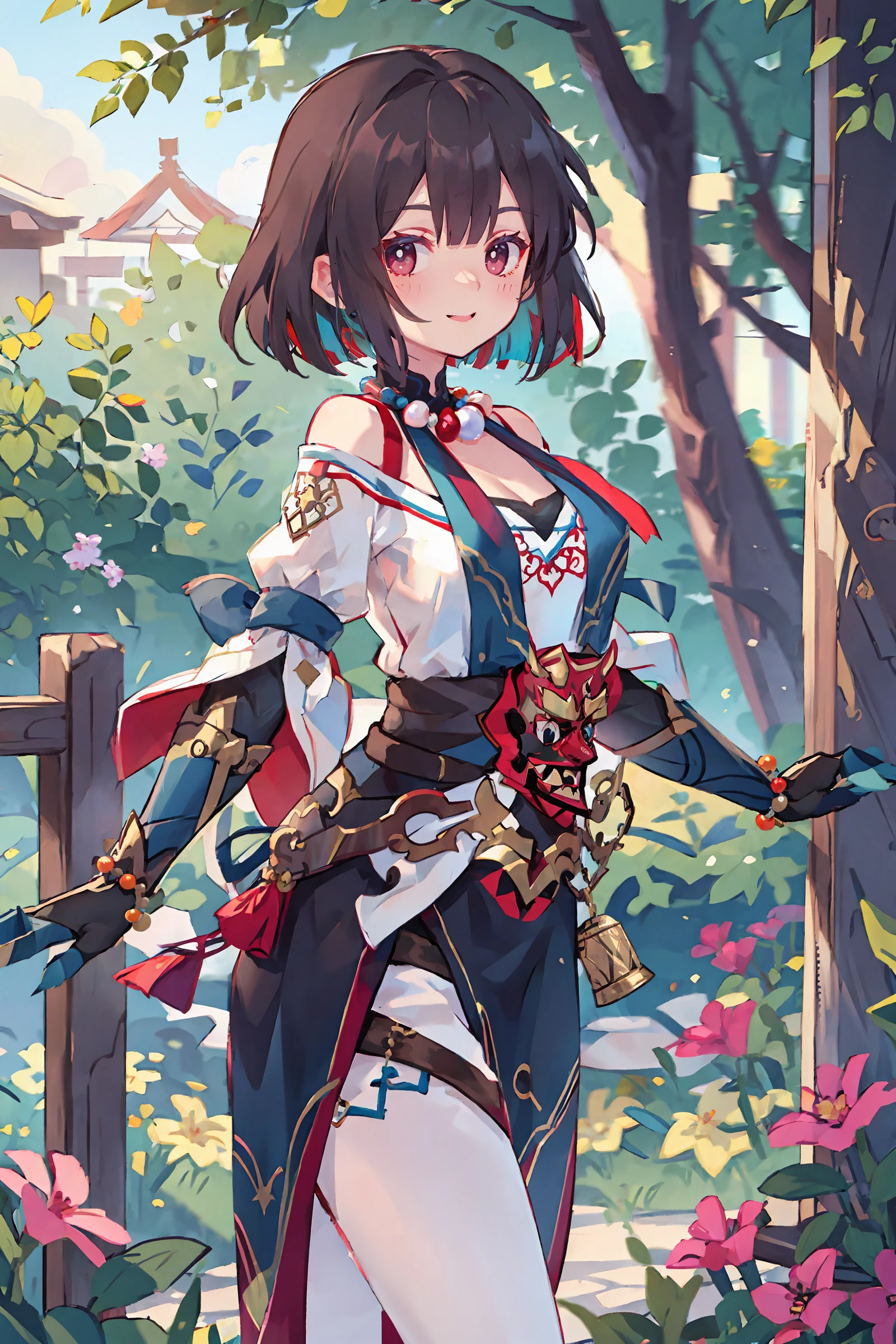 1girl, xueyi \(honkai: star rail\), looking at viewer, tabard, clawed gauntlets, bead necklace, white pantyhose, off-shoulder shirt, pelvic curtain, high belt, shawl, thigh strap, cowboy shot, standing, looking at viewer, smiling, garden, east asian architecture, outdoors, depth of field, masterpiece