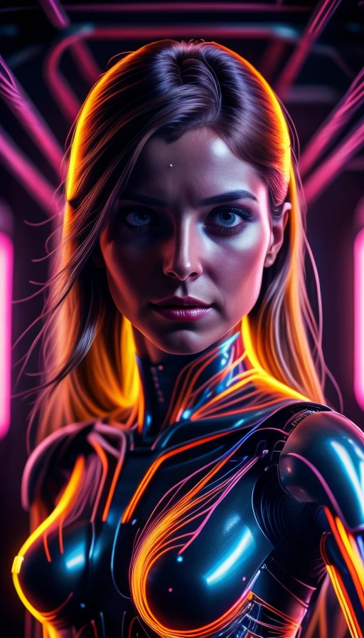 colorful chaos, vivid colors, striking visual design, <lora:add_detail:0.75>, <lora:sharpen-soften:-0.2>, <lora:stylesqueeze_v2:0.25>, <lora:realistic:0.25>,
1 girl, adult woman, gorgeous, hazel eyes, auburn half-up half-down hairstyle, portrait, solo, upper body, looking at viewer, detailed background, detailed face, (<lora:1970RetroFuturism:0.6>, 1970retrofuturism, 1970s theme:1.1), android, cyborg, mechanical limbs, mechanical eyes, wires, advanced technology, dynamic pose, emotionless, artificial intellgience, steel, digital implants, nanobots, electronics, gadgets, powered by electricity, holograms, particle effects, bright lights, neon colors, cables in background, cinematic atmosphere, <lora:isobug:0.75> <lora:speedy1p5:1.15>