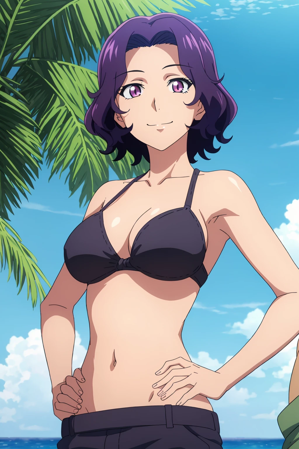 ((best quality)),((highly detailed)),masterpiece,absurdres, detailed face,beautiful face,(detailed eyes, deep eyes),(1girl),((dynamic pose)), <lora:AzusaV1:0.7>, Azusa, purple eyes, breasts, solo, purple hair, smile, day, short hair, cleavage, bikini, cloud, sky, looking at viewer, large breasts, solo focus, bare shoulders, collarbone, upper body, hand on hip, medium breasts, blue sky, outdoors, armpits, solo, navel, closed mouth,