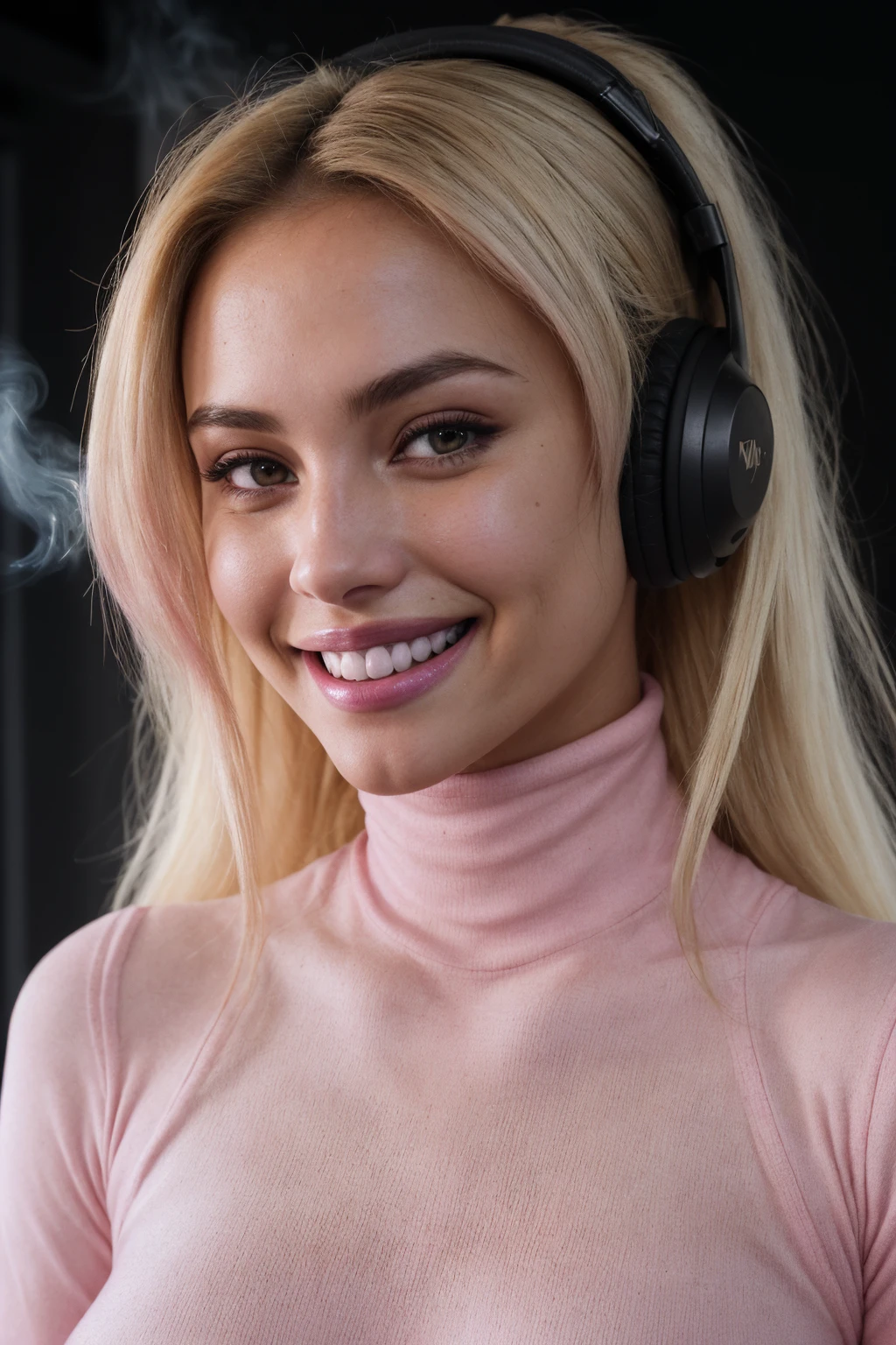 (FACE CLOSE-UP SHOT:1.5)(Cinematic Shot) (Shot on Aaton LTR 54) (Long Messy Blowout Hair:1.6)(White Blonde:1.5) E-Girls_Mansion_Cassidy with Headset (Turtleneck:1.5)(Black Walls:1.3)(skinny, slim, fit, athletic, narrow waist, perky boobs:1.4) (Neon Signs:1.3)(LED CEILING STRIPS:1.3) (lens flare:1.3) insanely detailed and intricate, character, hypermaximalist, beautiful, exotic, revealing, appealing, attractive, amative, hyper realistic, (super detailed:1.3), (pink volumetric smoke:1.3) <lora:ARWCyberpunkInterior:1> cyberpunkinterior, building (smile:1.6)
