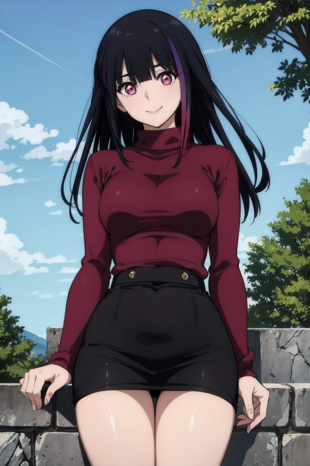rouge redstar,1girl, black hair, solo, long hair, pink eyes, red sweater, pencil skirt, blunt bangs, looking at viewer,seductive smile, cowboy shot,stone wall,streaked hair, (best quality, masterpiece),blue sky,tree, thigh <lora:rougue_redstar_v1:1>