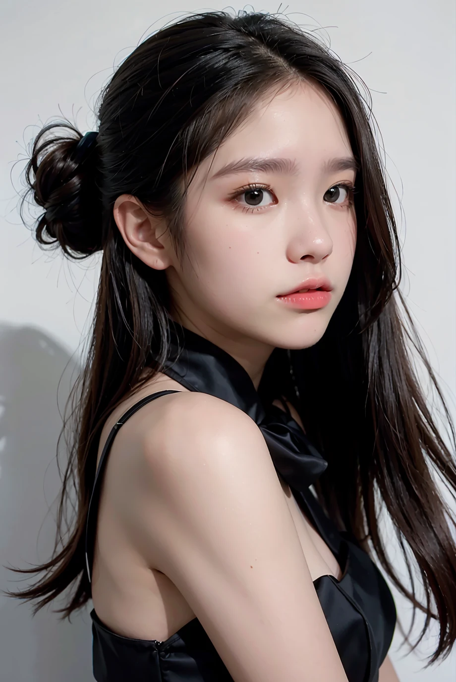 (masterpiece), best quality, perfect face, 1girl, black formal dress, white background, <lora:GumporV1-04:1>