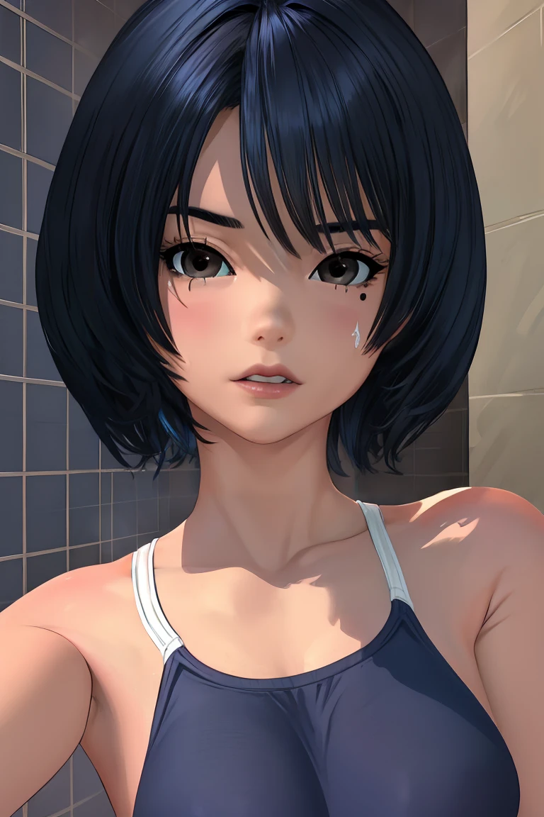 girl in revealing thin skimpy lines, hint of pubes, dark short hair, blue eyes, sweat, slightly fat, perverted smirk, shameless, inappropriate pose, (sharp focus, focus blur, fisheye_lens, chromatic aberration)