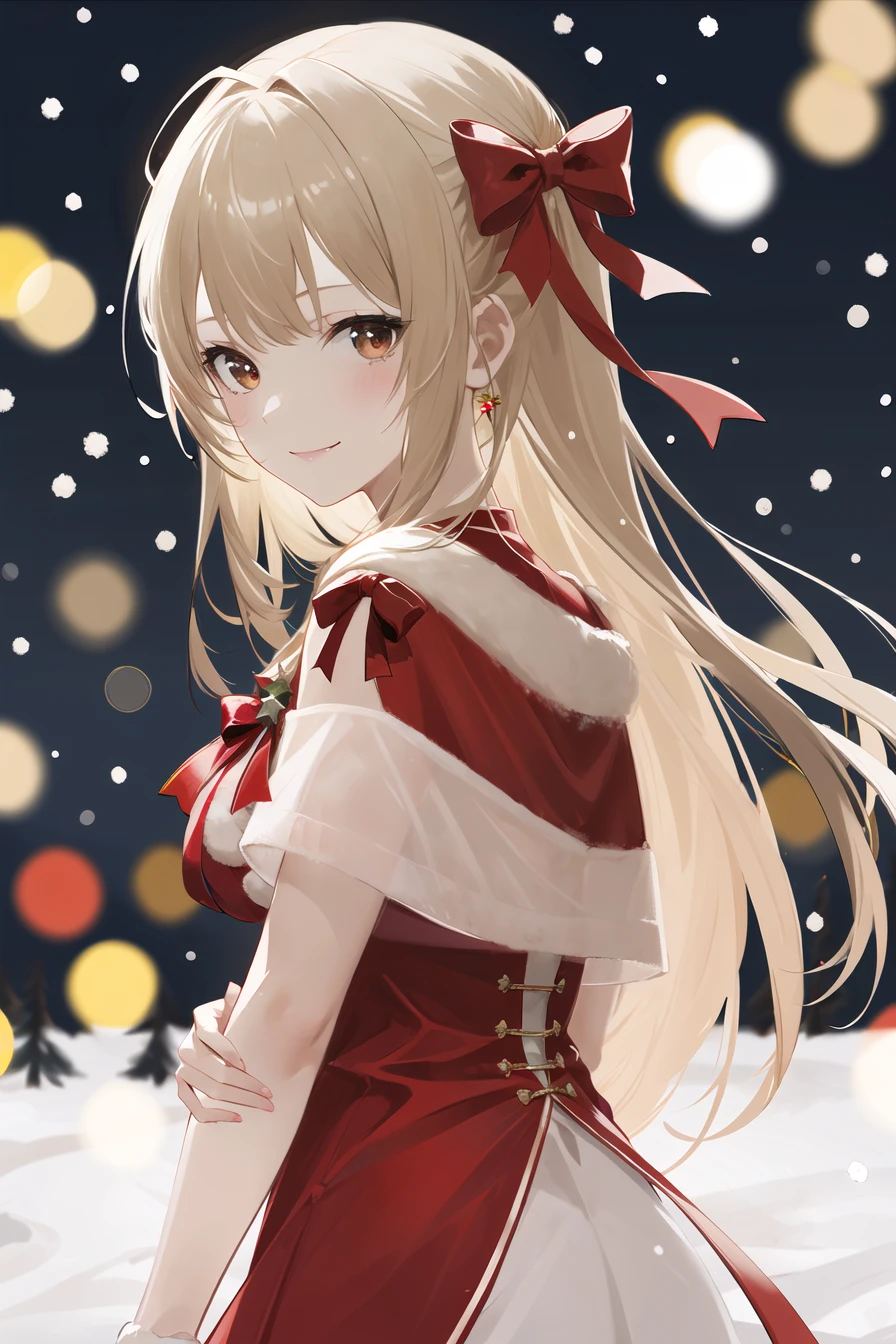 1girl, long_hair, solo, christmas, blurry, snowing, snowflakes, blurry_background, looking_at_viewer, bangs, christmas_tree, depth_of_field, merry_christmas, hair_ornament, light_particles, smile, bow, dress, upper_body, red_ribbon, bokeh, blonde_hair, red_bow, snow, closed_mouth, very_long_hair, red_neckwear, ribbon, brown_eyes, short_sleeves, blush <lora:style_AGM:1>