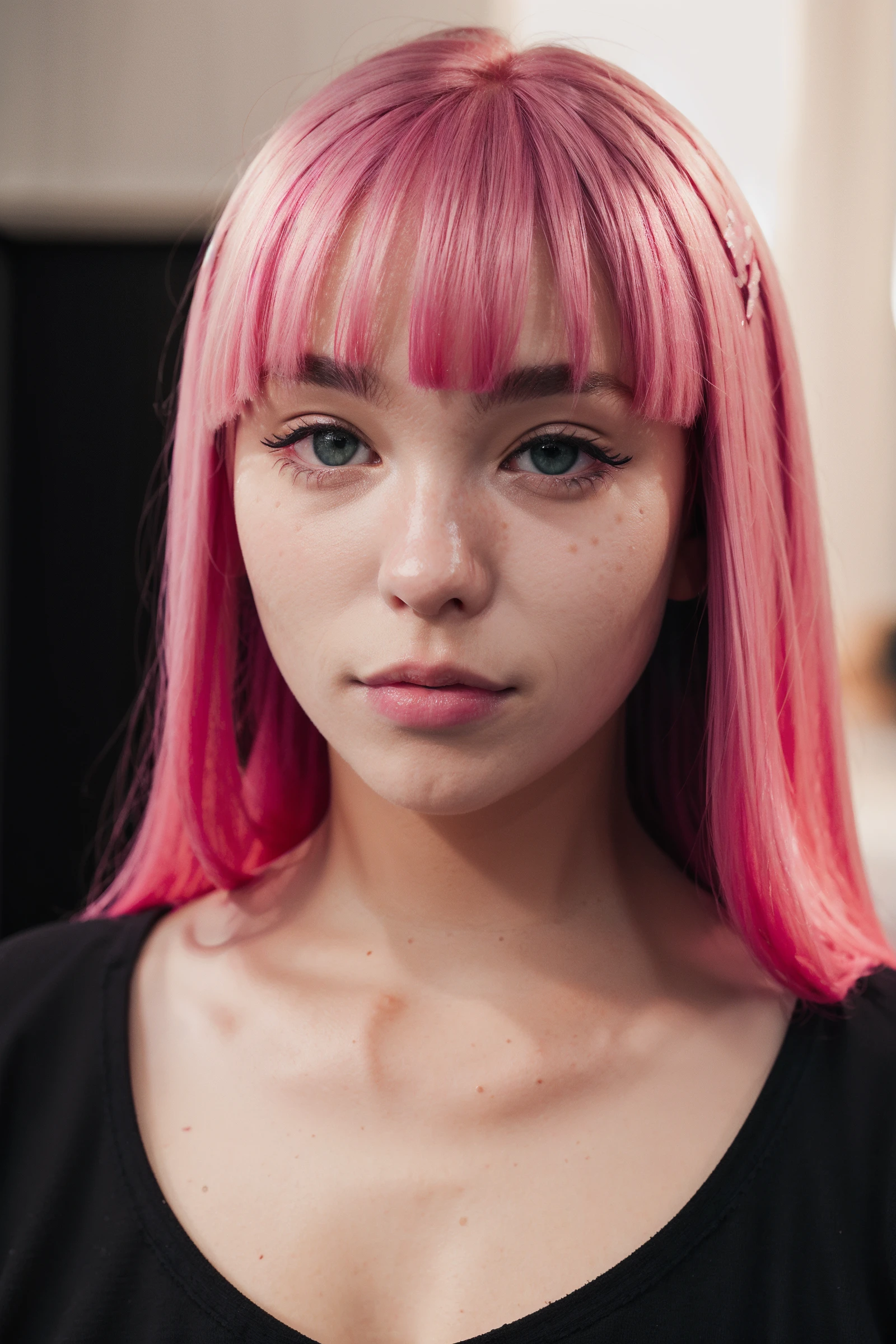 an eye contact of a girl,50mm, canon, pink hair and dark theme,bangs <lora:mtlddeav2:1> mtlddea