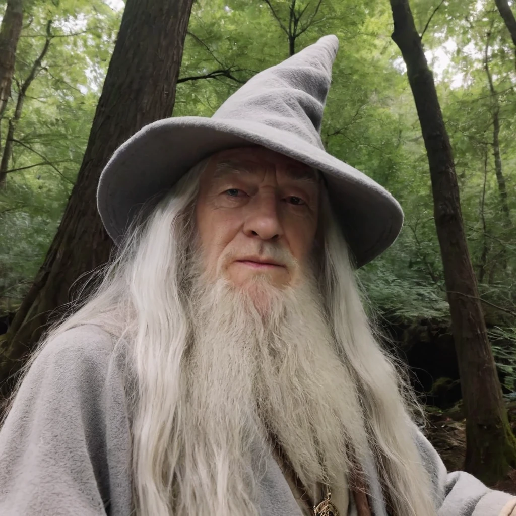 close up phone photo of gandalf in the forest, uploaded on snapchat