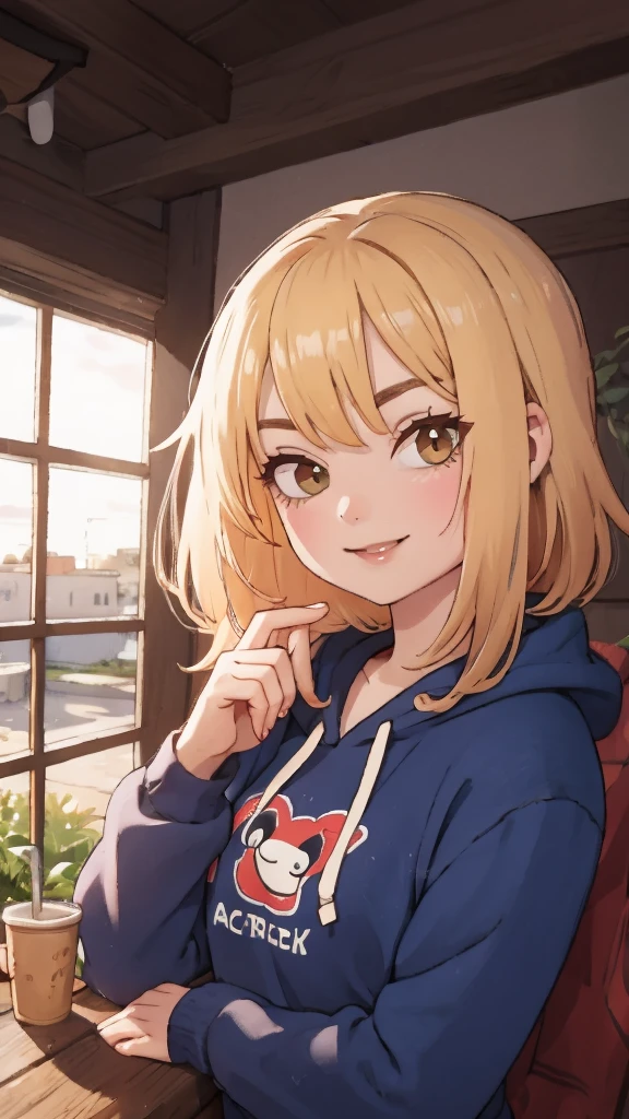 (close-up:1.1) portrait photography of female, smiling, skinny body type, (looking at viewer:1.3) BREAK wearing bronze hooded sweatshirt BREAK (creamy center part hair:1.2) BREAK saloon in background, dusk time